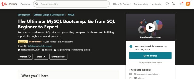 The Ultimate MySQL Bootcamp: Go from SQL Beginner to Expert - คอร์สสอน SQL บน Udemy 