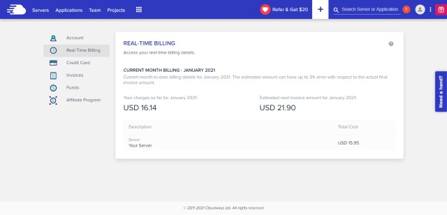 Real-time billing for Cloudways. The projected monthly payment is on the right.