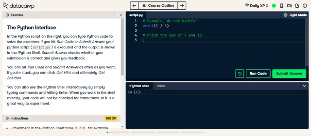 Example of Datacamp learning interface