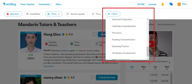 Filtering to find more specialized teachers in Verbling