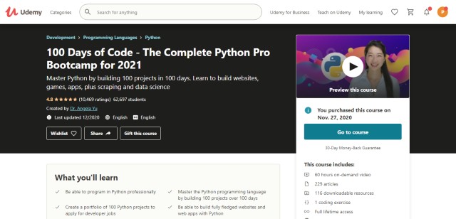 100 Days of Code, one of the best online Python courses