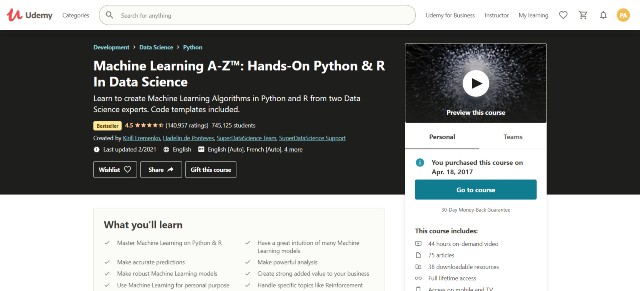 Machine Learning A-Z one of the most affordable machine learning courses