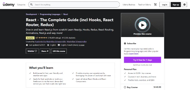 React - The Complete Guide (incl Hooks, React Router, Redux), one of the best React.js courses on Udemy 
