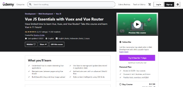 Stephen Grider's course is concise, thus definitely one of the best Vue.js courses on Udemy