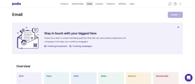 Podia's built in email marketing platform