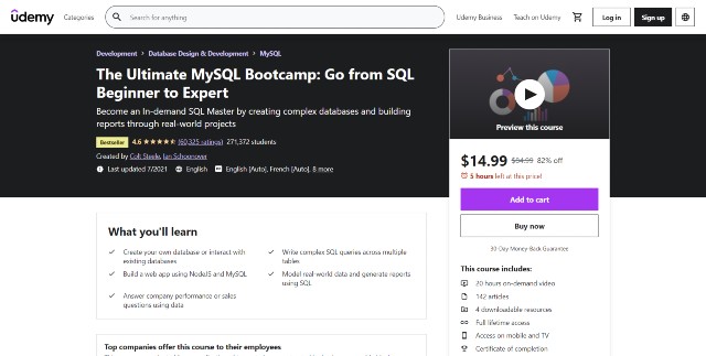 MySQL bootcamp course from Colt Steele on Udemy is one of the best MySQL courses.  