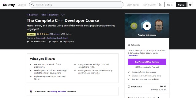 COmplete C++ Developer course is one of the best C++ courses on Udemy