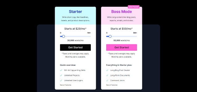 Pricing of Jarvis, an excellent AI copywriting software