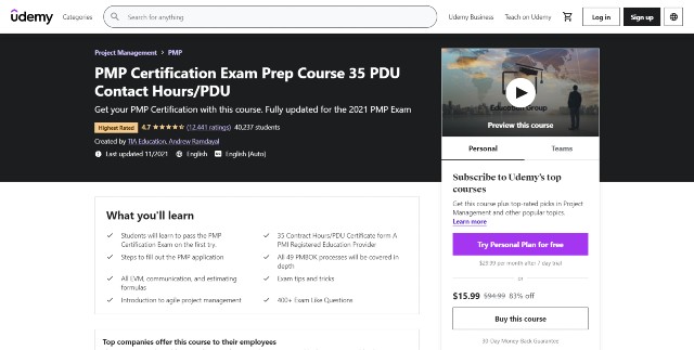 Best PMP prep course on Udemy by Andrew