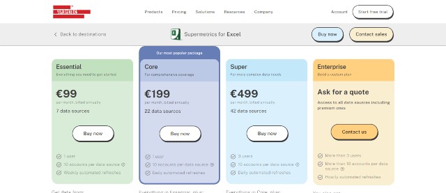 Supermetrics for Excel pricing