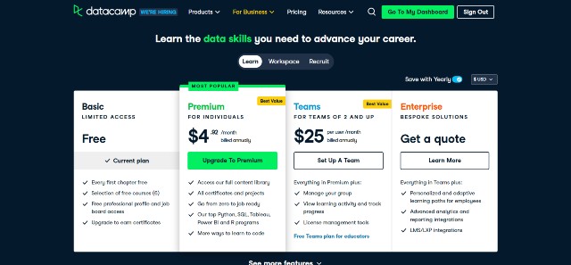 Datacamp's new pricing structure