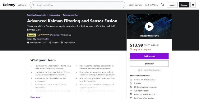 Kalman FIltering and Sensor Fusion on Udemy